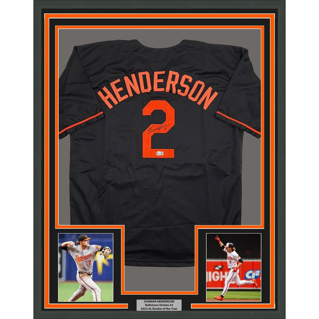 Framed Autographed/Signed Gunnar Henderson 35x39 Black Jersey Beckett COA