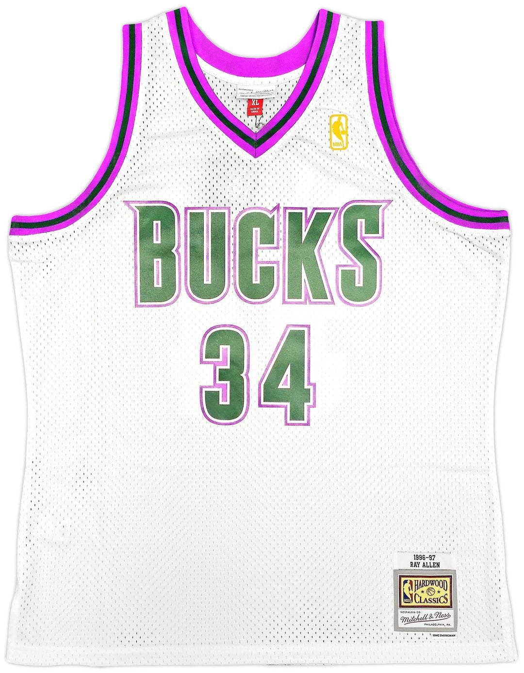 Bucks Ray Allen Auto White Auth Mitchell Ness 96-97 Swingman Jersey XL BAS