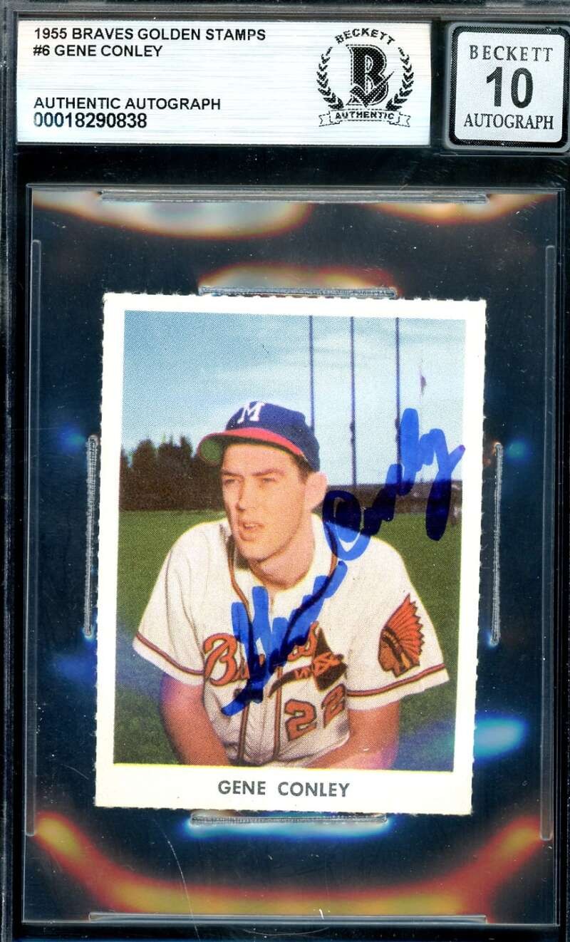 Gene Conley Gem Mint 10 Beckett BAS Signed 1955 Braves Golden Stamps Autograph