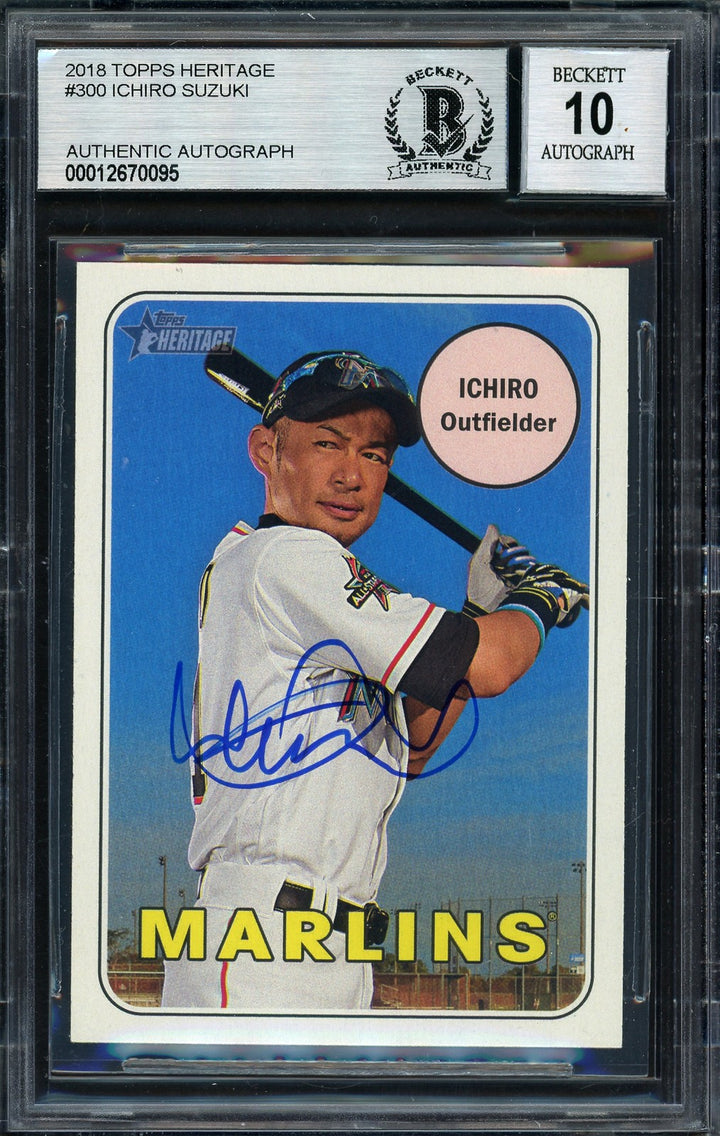 Ichiro Suzuki Signed 2018 Topps Heritage Card 300 Miami Marlins Auto 10 Beckett