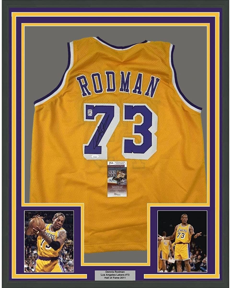 FRAMED Autographed/Signed DENNIS RODMAN 33x42 Yellow Jersey JSA COA #2