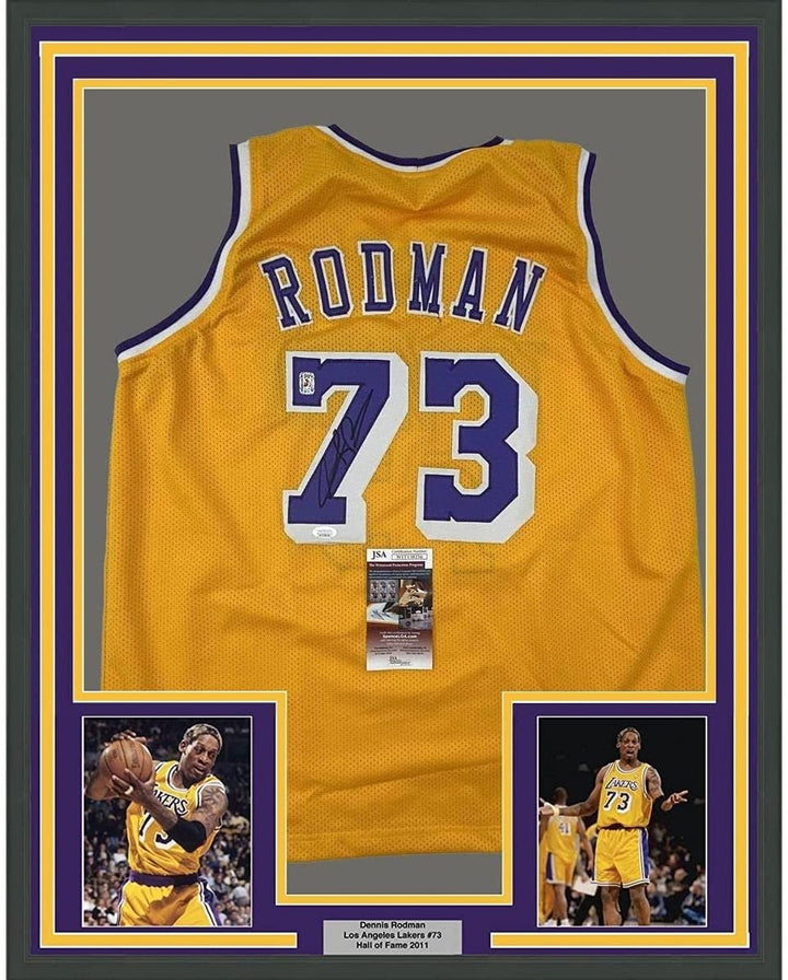 FRAMED Autographed/Signed DENNIS RODMAN 33x42 Yellow Jersey JSA COA #2