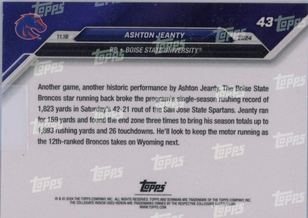 2024 Bowman U Now Ashton Jeanty #43 Blue /49 Boise State Broncos Football Card