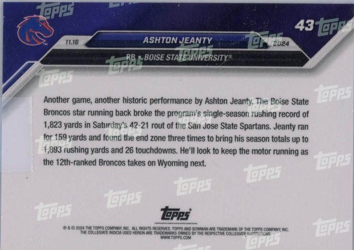 2024 Bowman U Now Ashton Jeanty #43 Blue /49 Boise State Broncos Football Card