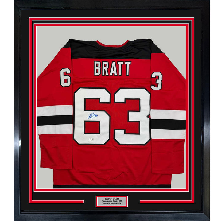 Framed Autographed/Signed Jesper Bratt 35x39 Red Hockey Jersey Beckett BAS COA