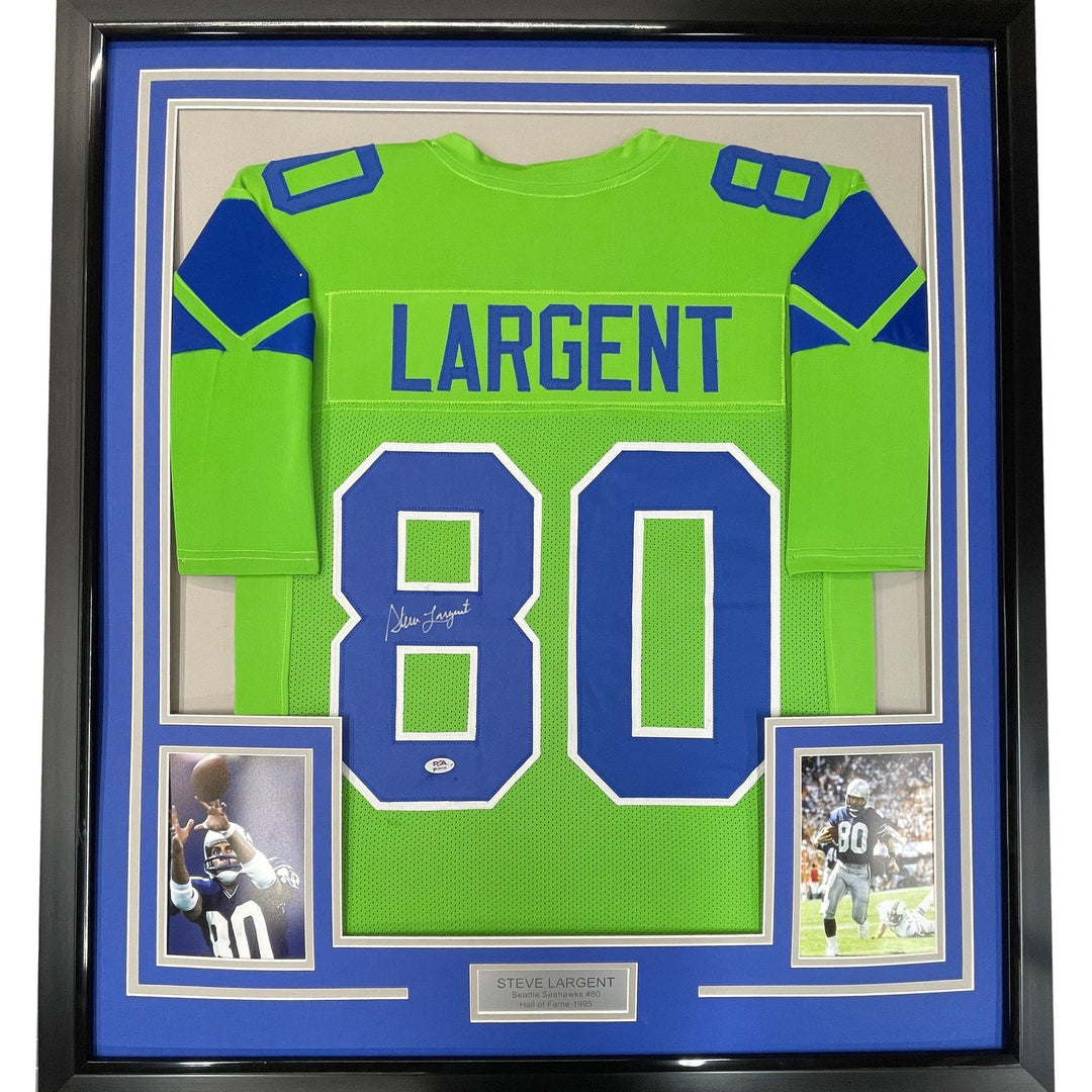 Framed Autographed/Signed Steve Largent 33x42 Seattle Green Jersey PSA COA