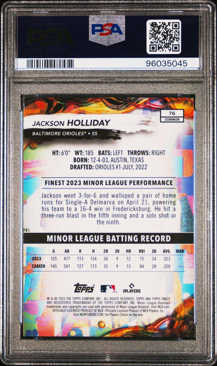 Graded 2024 Topps Finest Jackson Holliday #76 Rookie RC Card PSA 10 Gem