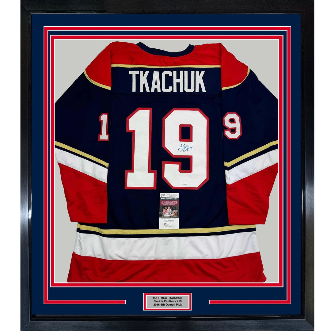 Framed Autographed/Signed Matthew Tkachuk 35x39 Florida Blue Jersey JSA COA