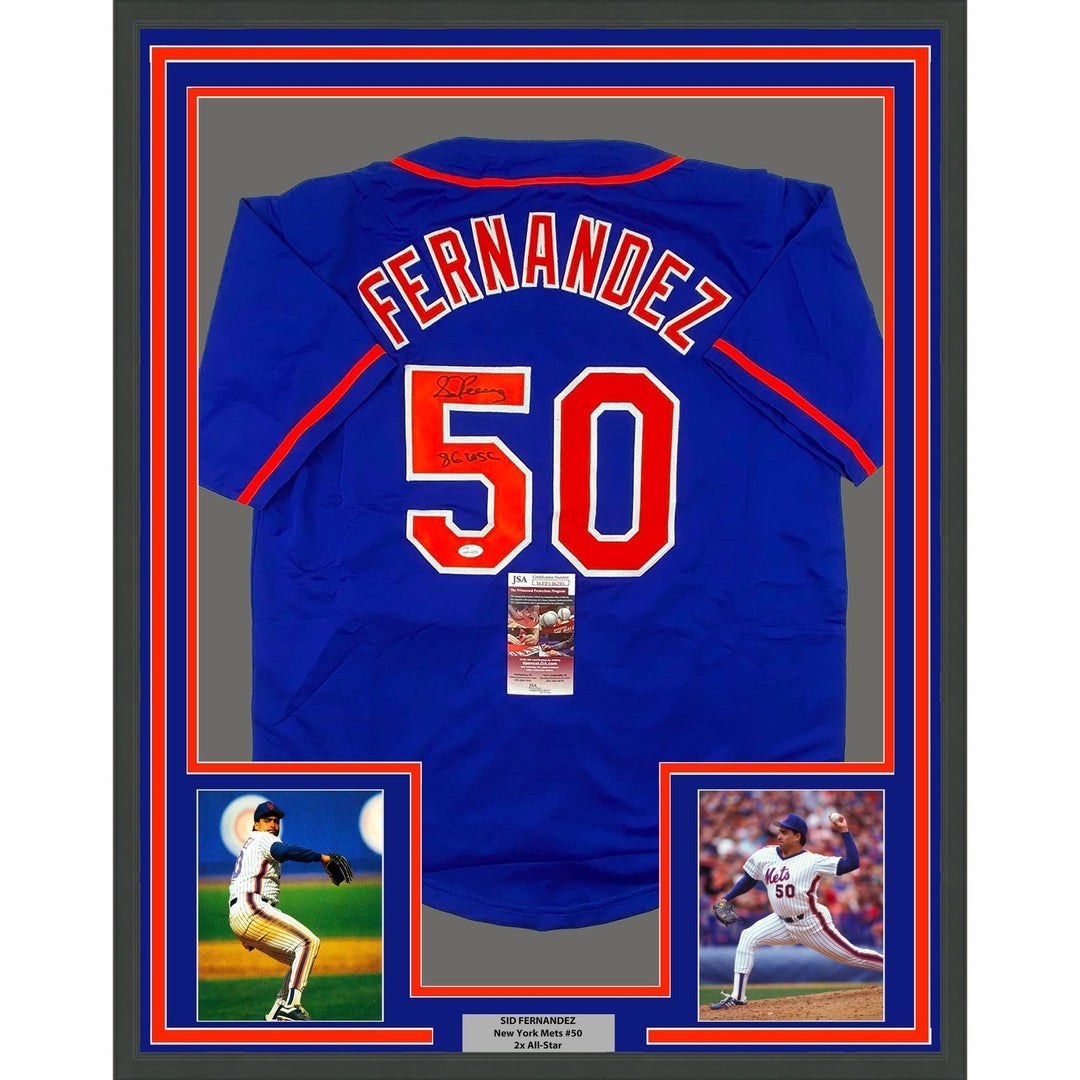 Framed Autographed/Signed Sid Fernandez 35x39 86 WSC NY Blue Jersey JSA COA