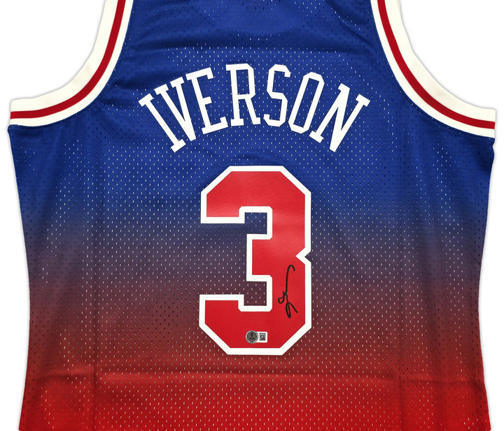 76ers Allen Iverson Auto Red Mitchell Ness 96-97 Swingman Fadeaway Jersey L BAS