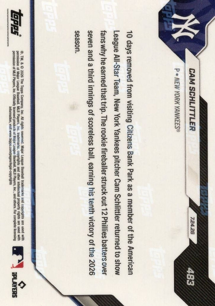 2026 Topps Now Cam Schlittler #483 Gold Foil /50 Rookie RC Baseball Card