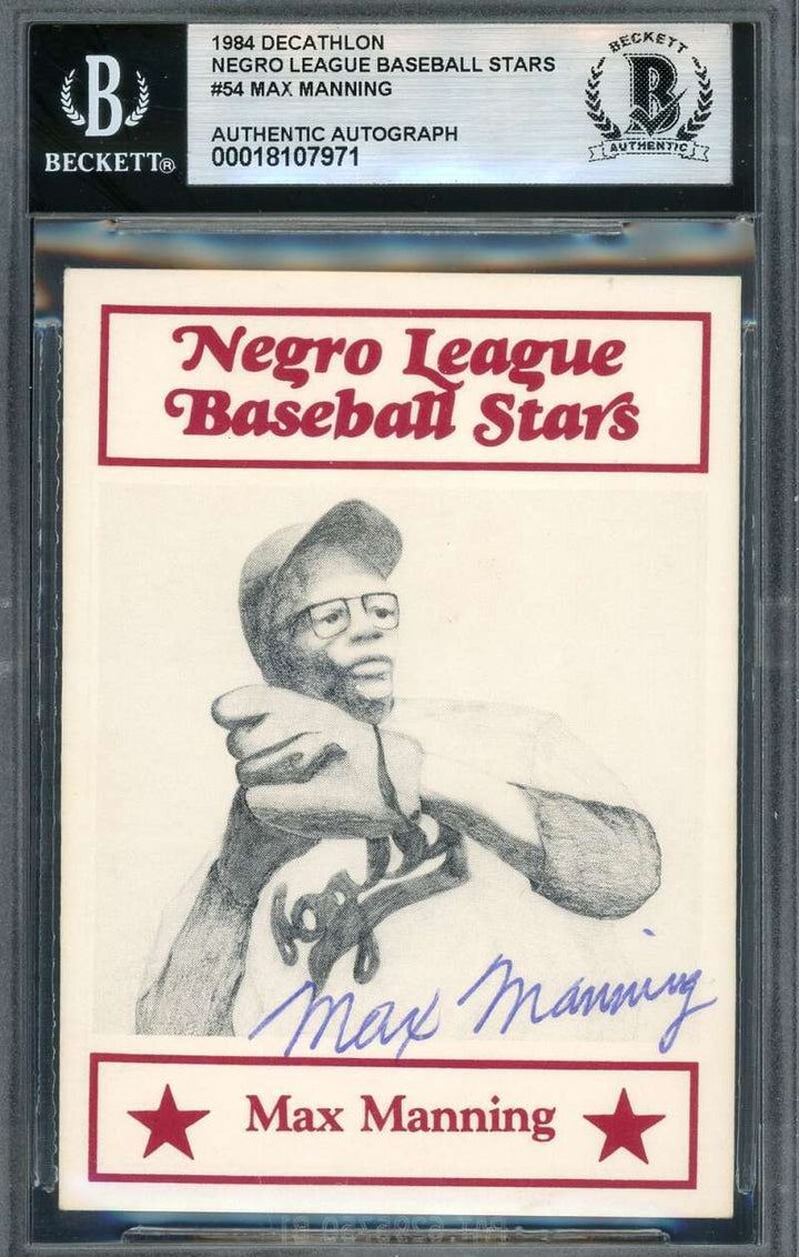 Max Manning Beckett BAS Signed 1984 Decathlon Frisch Negro League Stars Autograp