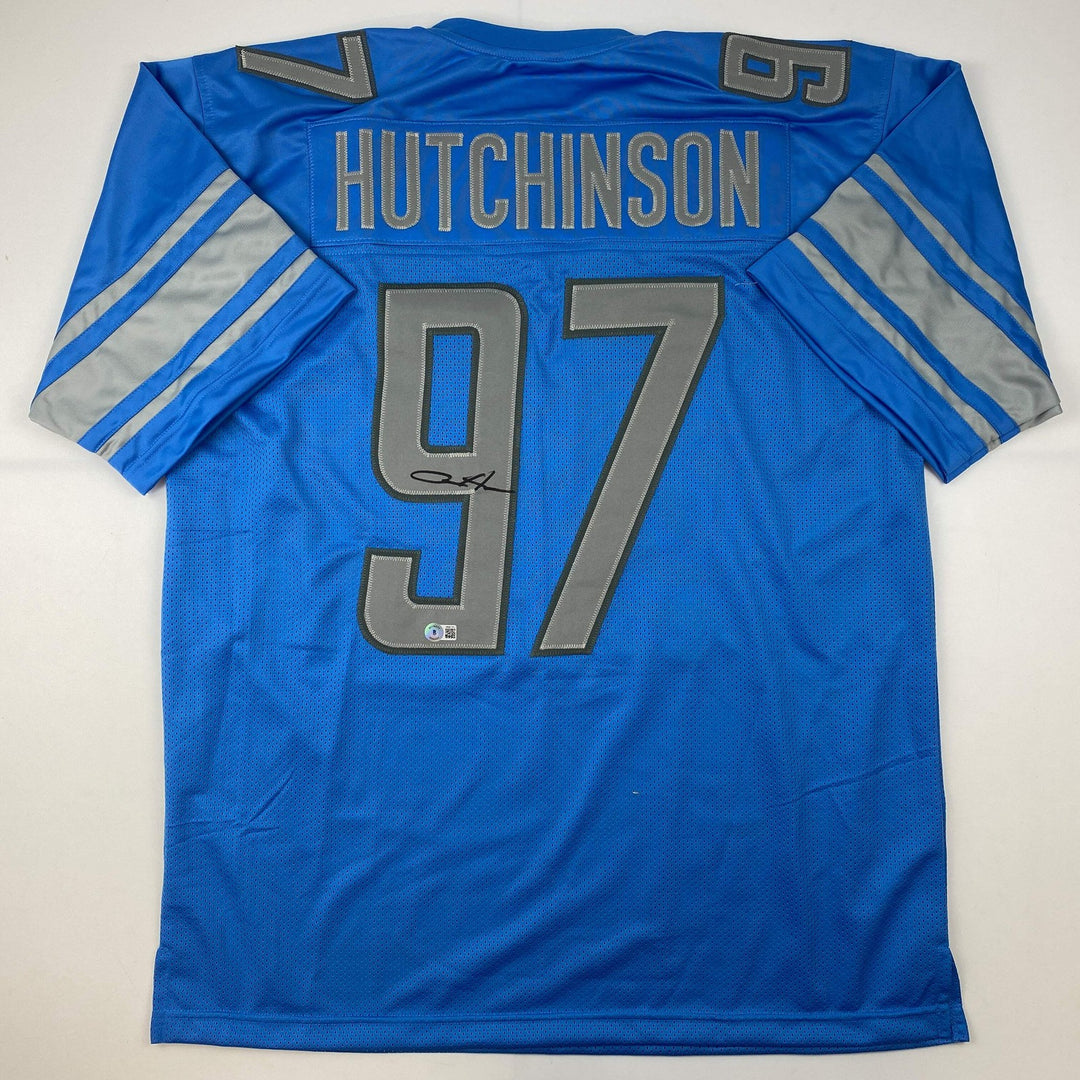 Autographed/Signed Aidan Hutchinson Detroit Blue Football Jersey Beckett BAS COA