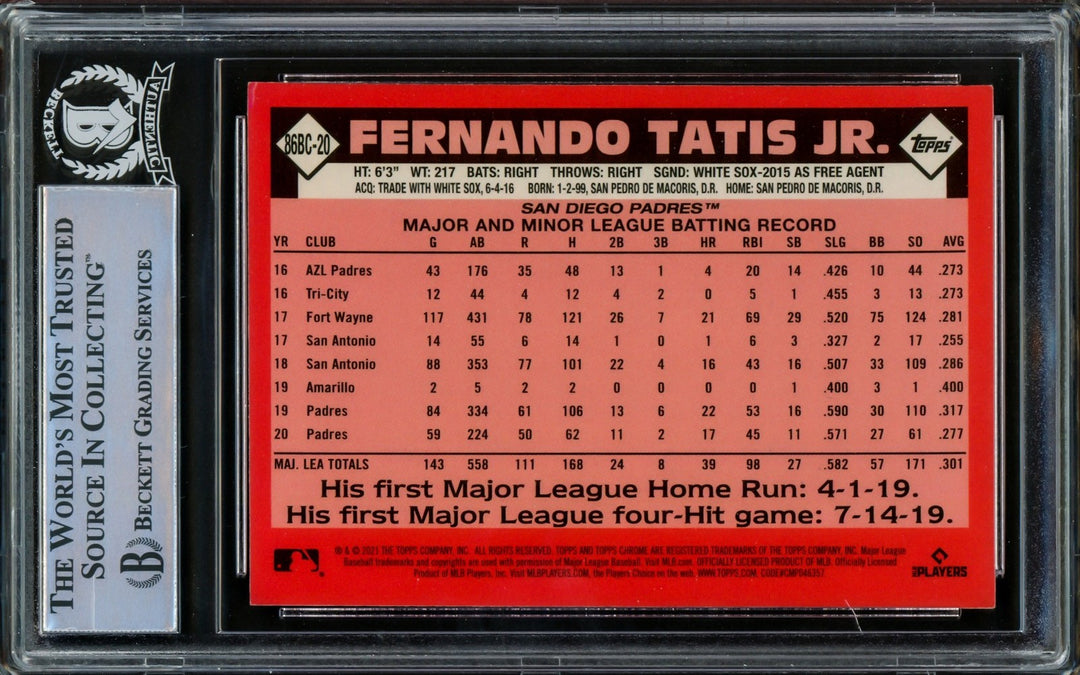Fernando Tatis Jr. Signed 2021 Topps Chrome 1986 Refractor Card #86BC-20 San