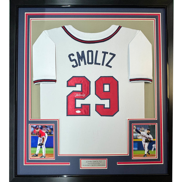 FRAMED Signed JOHN SMOLTZ 35x39 Atlanta White Jersey JSA COA Auto