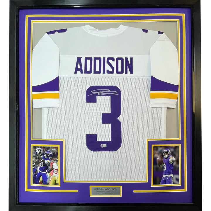 Framed Autographed/Signed Jordan Addison 33x42 Minnesota White Jersey BAS COA
