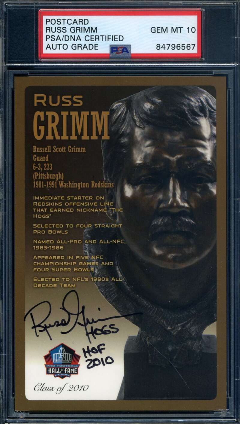 Russ Grimm Gem Mint 10 PSA DNA Signed HOF Bronze Bust Postcard Autographed