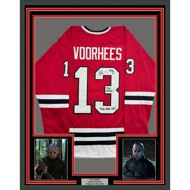 Framed Autographed/Signed Ari Lehman 35x39 Jason Voorhees Jersey JSA COA