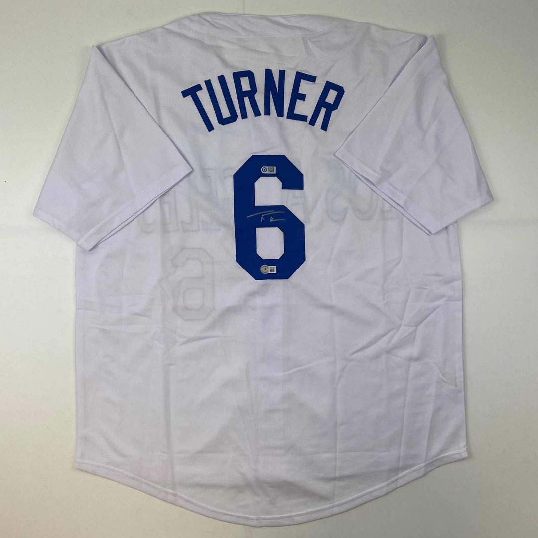 Autographed/Signed Trea Turner Los Angeles LA White Jersey Beckett BAS COA