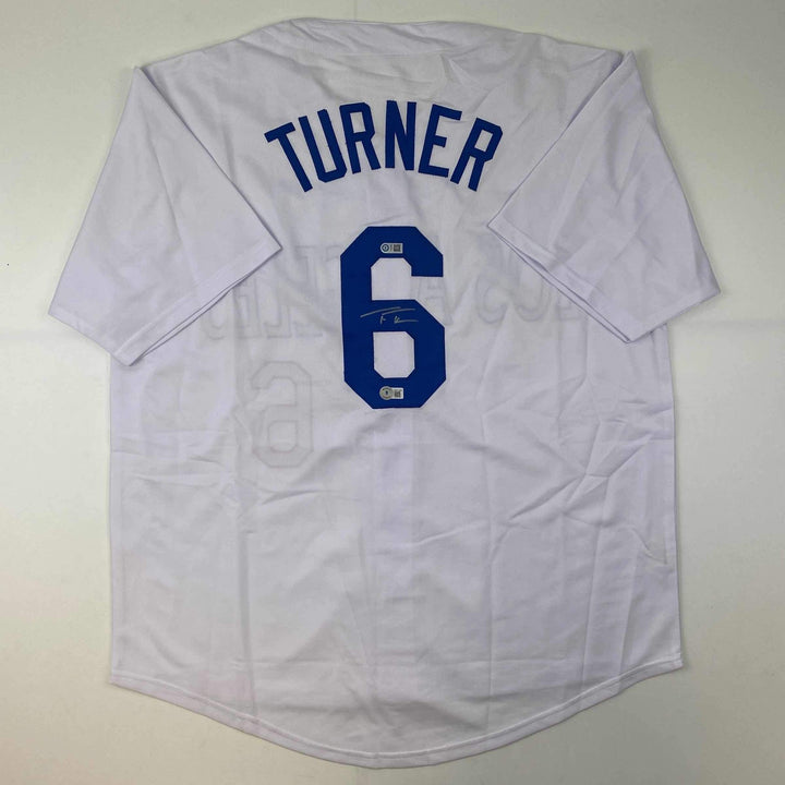Autographed/Signed Trea Turner Los Angeles LA White Jersey Beckett BAS COA