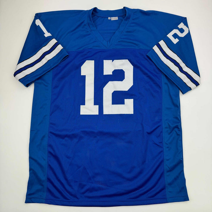 Autographed/Signed Roger Staubach Dallas Blue Football Jersey Beckett BAS COA