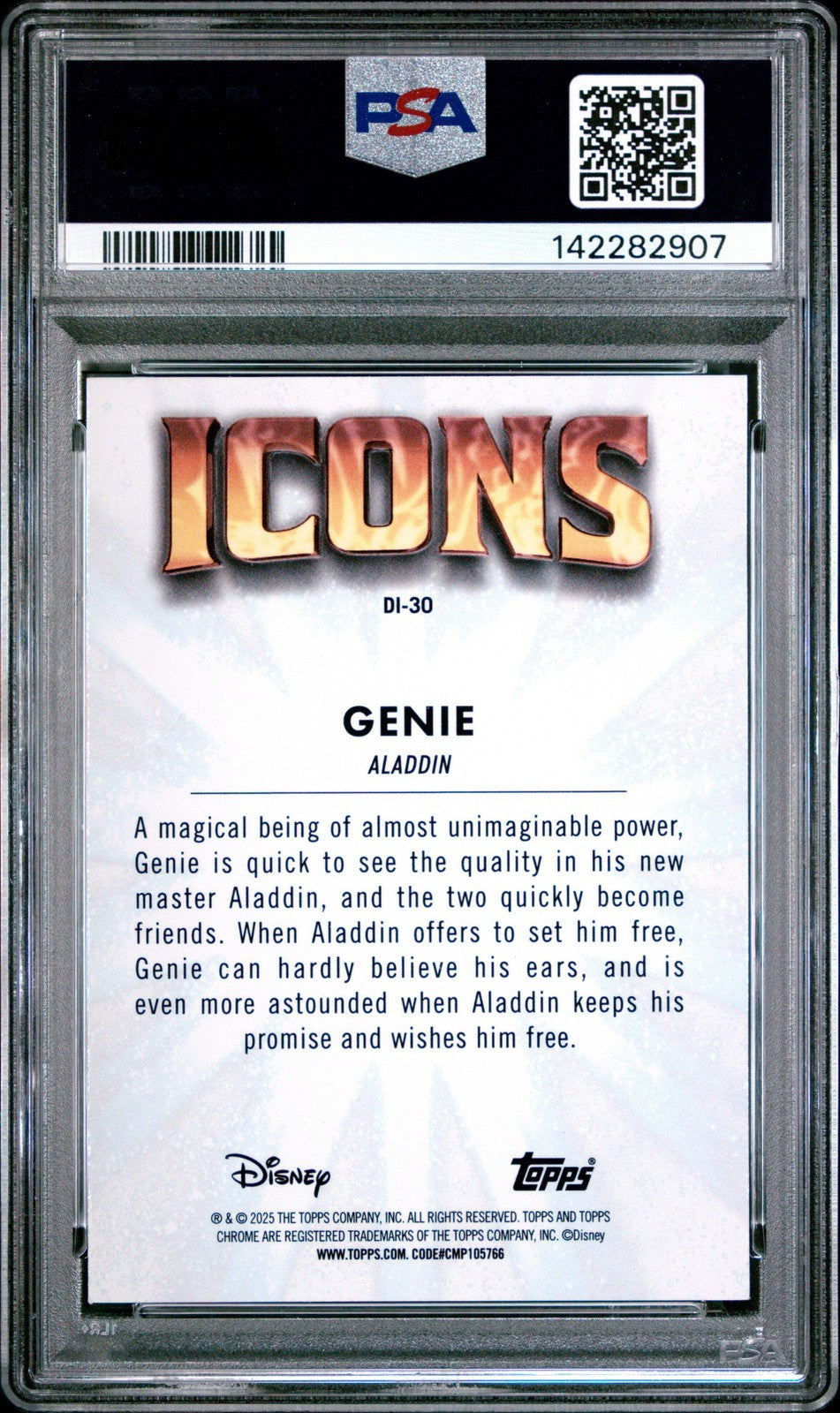 Graded 2025 Topps Chrome Disney Genie #30 Icons Aladdin Trading Card PSA 10 Mint