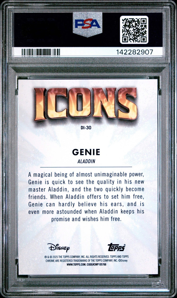 Graded 2025 Topps Chrome Disney Genie #30 Icons Aladdin Trading Card PSA 10 Mint