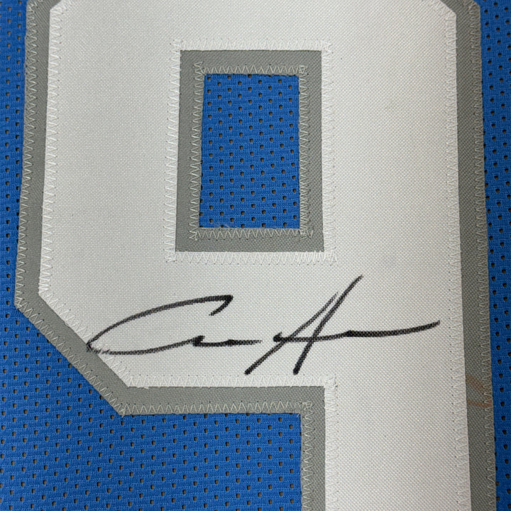 Framed Autographed/Signed Aidan Hutchinson 35x39 Detroit Blue Jersey BAS COA