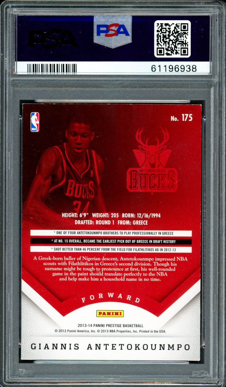 Giannis Antetokounmpo Auto 2013 Panini Prestige RC 175 Bucks Auto GM 10 PSA/DNA