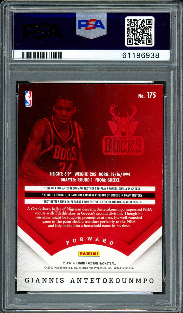 Giannis Antetokounmpo Auto 2013 Panini Prestige RC 175 Bucks Auto GM 10 PSA/DNA