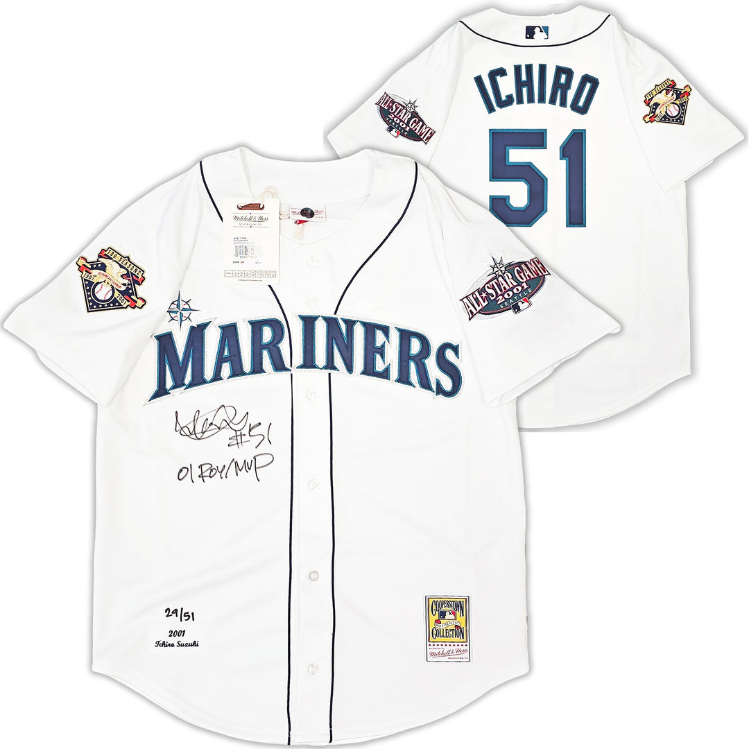 Mariners Ichiro Suzuki Auto White Mitchell Ness 2001 ASG Patch Jersey 44 ROY/MVP
