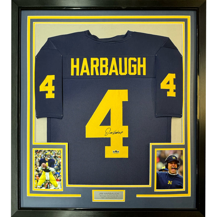 Framed Facsimile Autographed Jim Harbaugh 33x42 Blue Reprint Laser Auto Jersey