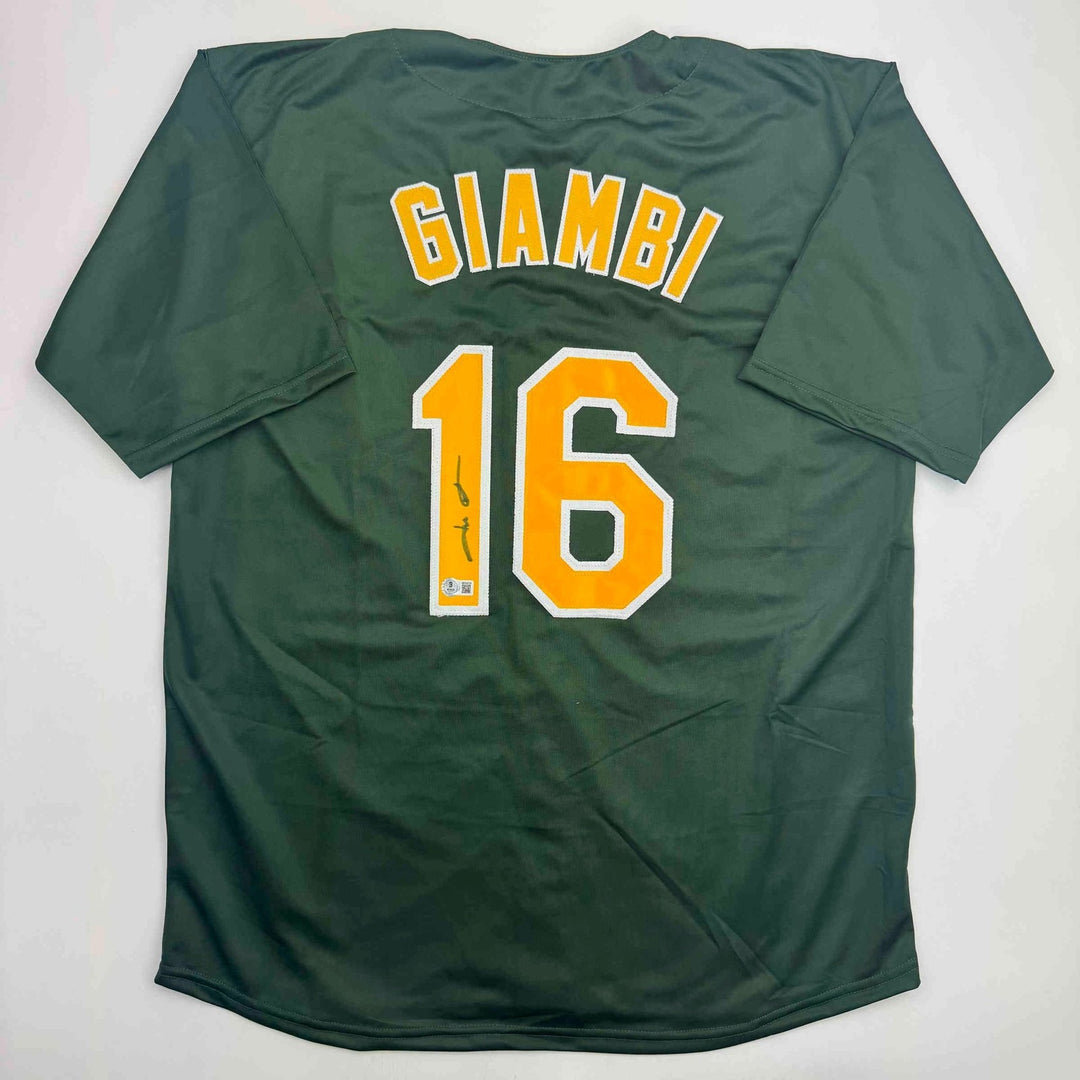 Autographed/Signed Jason Giambi Oakland Green Jersey Beckett BAS COA