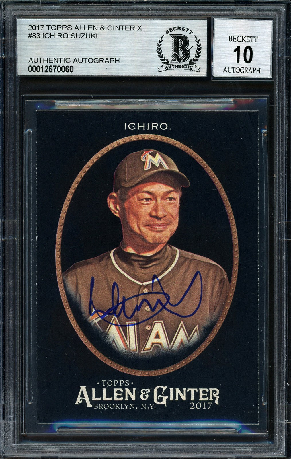 Ichiro Suzuki Signed 2017 Topps Allen & Ginter X Card 83 Marlins Auto 10 Beckett