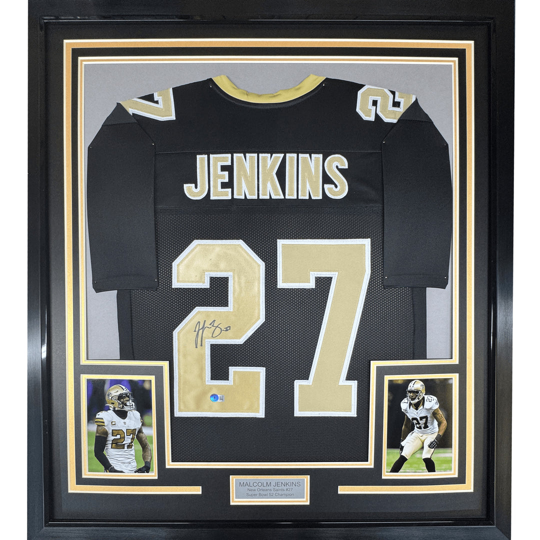 Framed Autographed/Signed Malcolm Jenkins 35x39 Black Jersey BAS COA