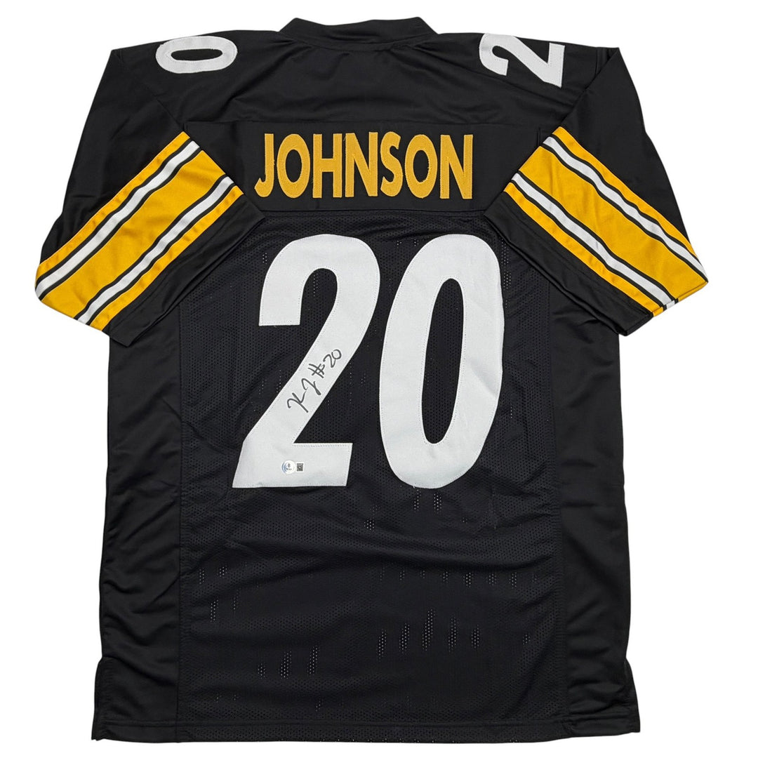 Autographed/Signed Kaleb Johnson Pittsburgh Black Football Jersey Beckett COA