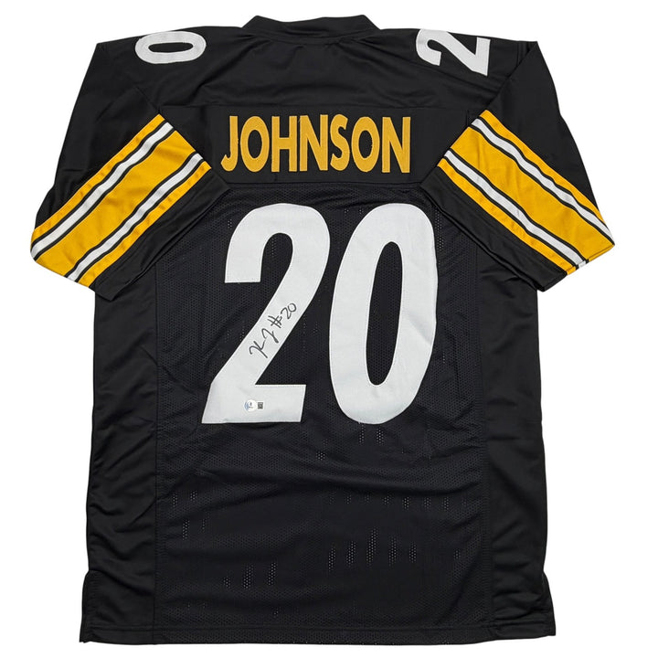 Autographed/Signed Kaleb Johnson Pittsburgh Black Football Jersey Beckett COA