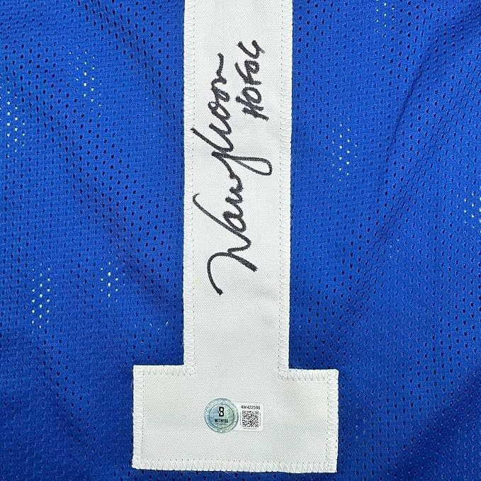 Framed Autographed/Signed Warren Moon 35x39 Seattle Blue Jersey Beckett COA