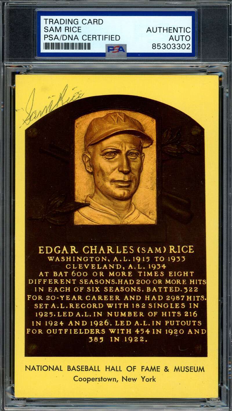 Sam Rice PSA DNA Coa Signed Gold Hall of Fame Plaque Autograph
