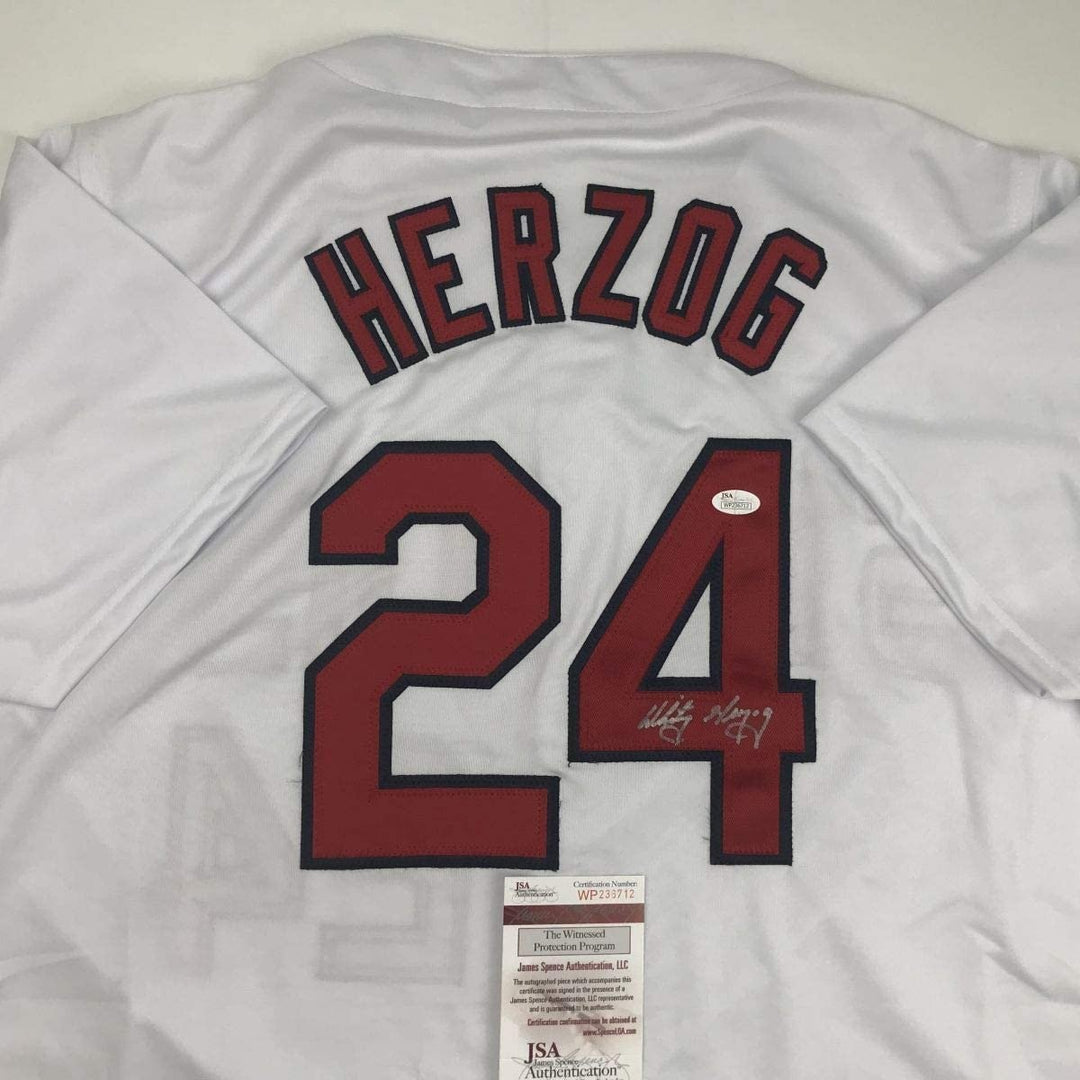 Autographed/Signed WHITEY HERZOG St. Louis White Jersey JSA COA Auto