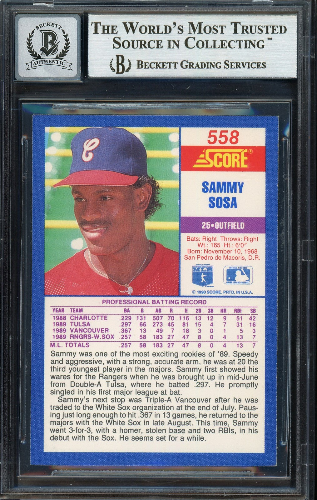Sammy Sosa Signed 1990 Score RC 558 Chicago White Sox Auto GM 10 Beckett