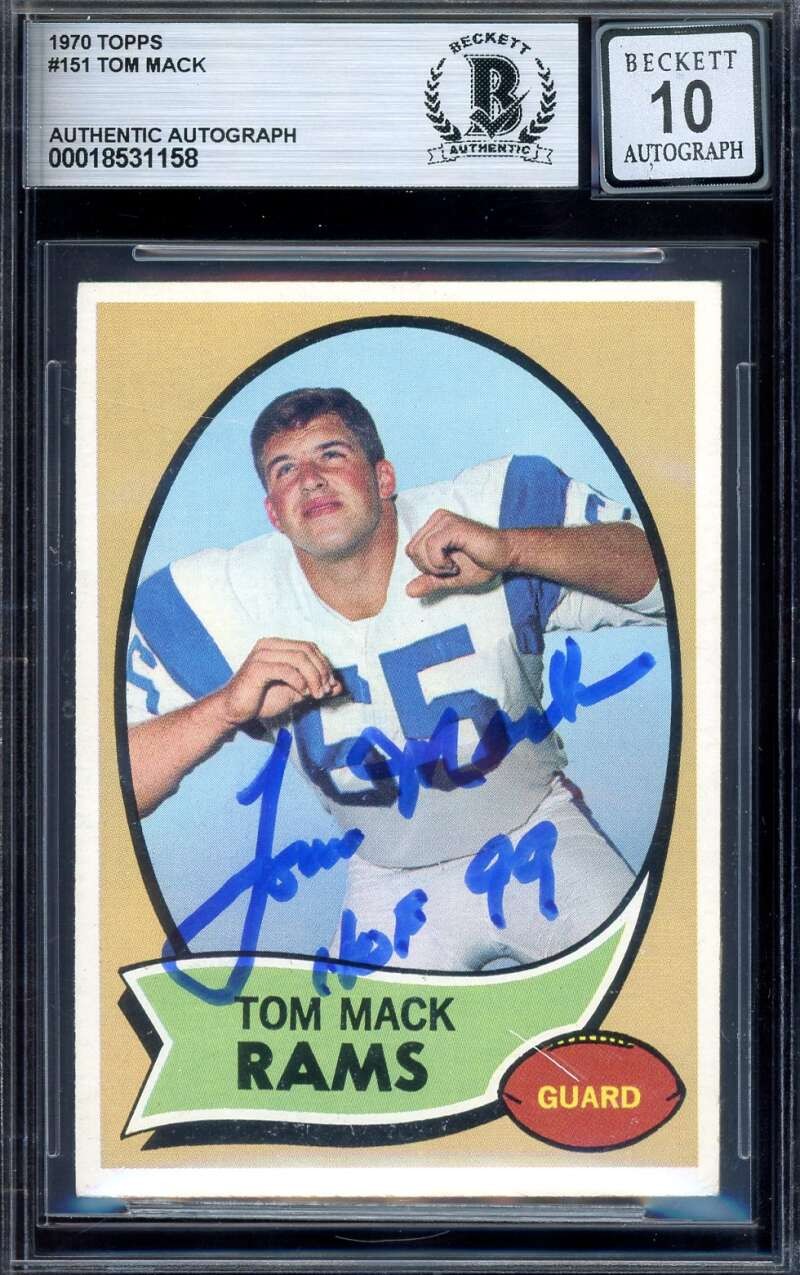 Tom Mack Gem Mint 10 Beckett BAS Signed 1970 Topps Rookie Autograph
