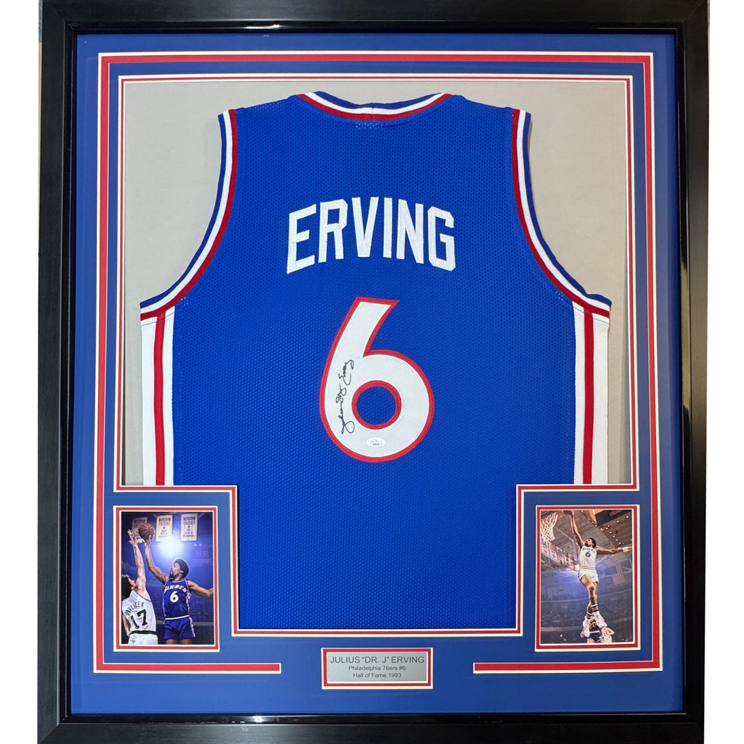 Framed Autographed/Signed Julius Erving Dr. J 35x39 Philly Blue Jersey JSA COA