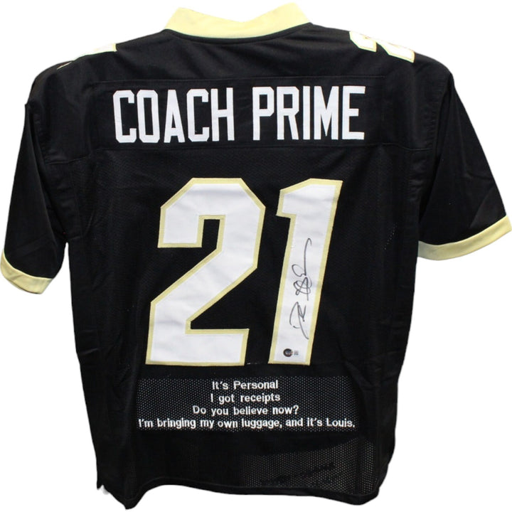 Deion Sanders Autographed/Signed College Style Black Stat Jersey Beckett 42775