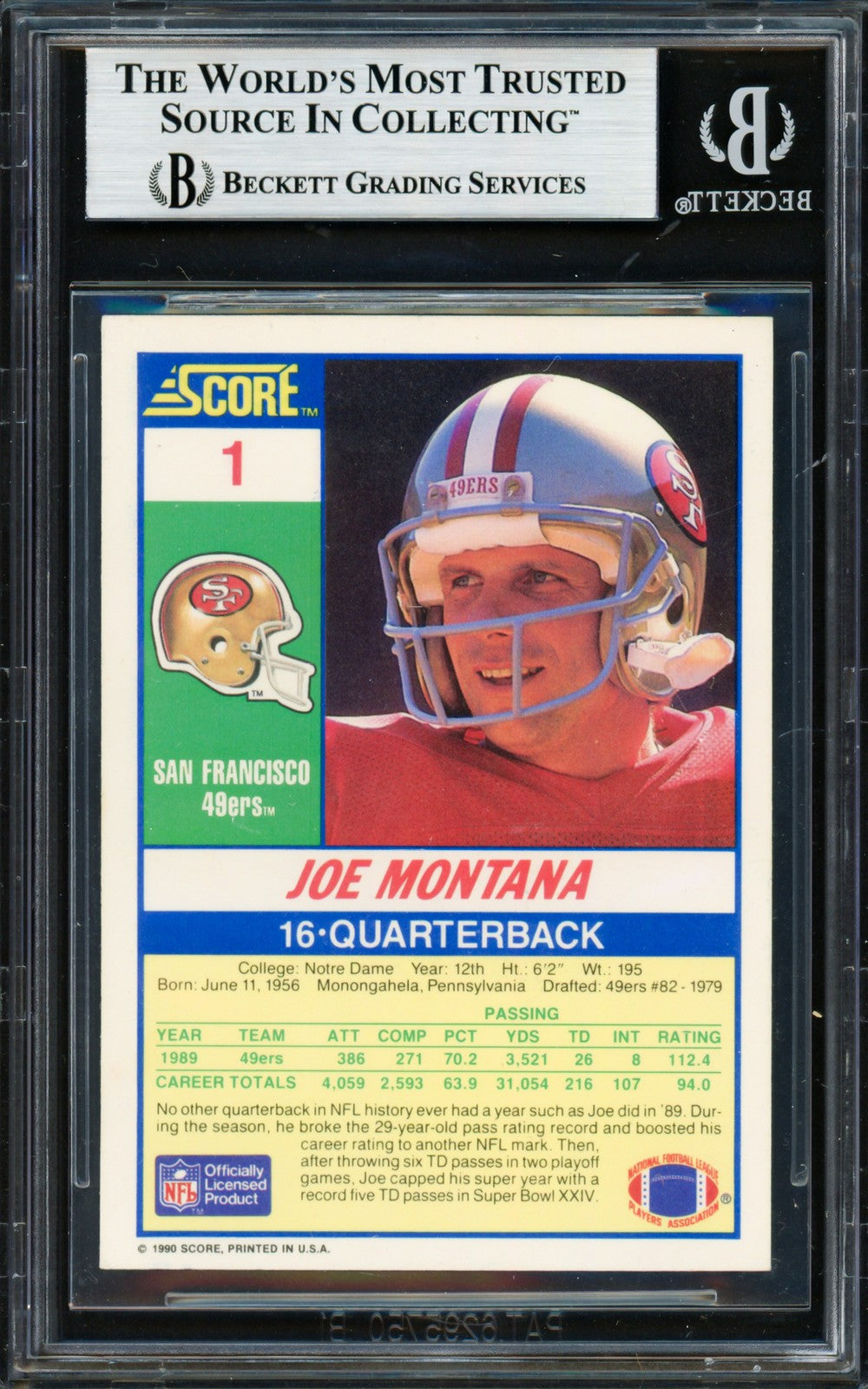 Joe Montana Signed 1990 Score Card 1 San Francisco 49ers Beckett