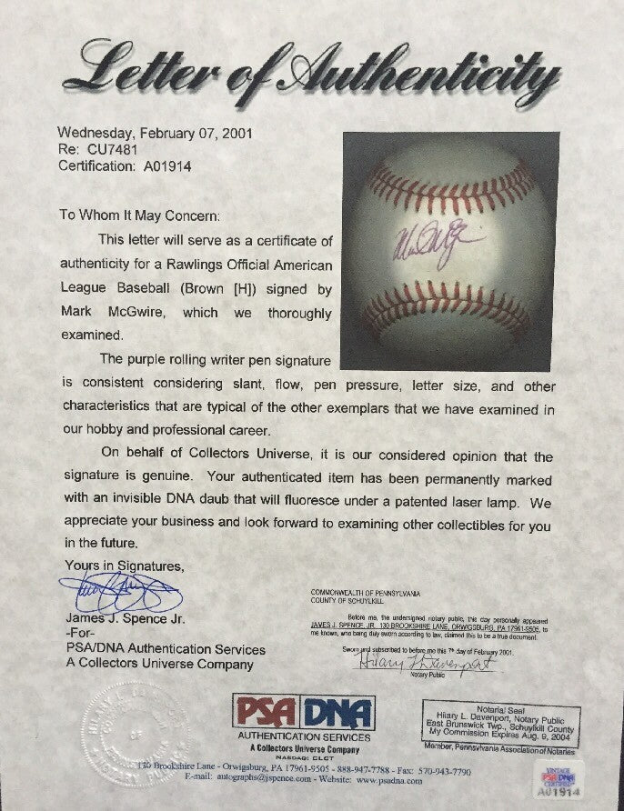 Mark McGwire Signed Official A.L Baseball Rookie Autograph PSA LOA Oakland A’s