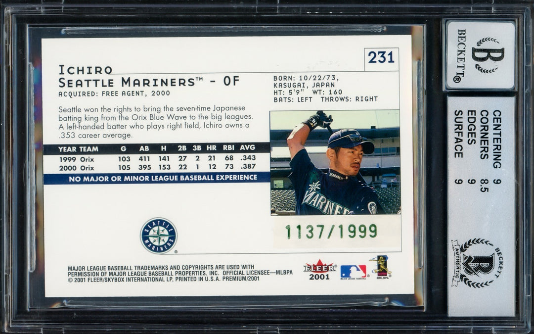 Ichiro Suzuki Signed 2001 Fleer Premium RC 231 BGS 9 Sig 10 #1137/1999 Beckett