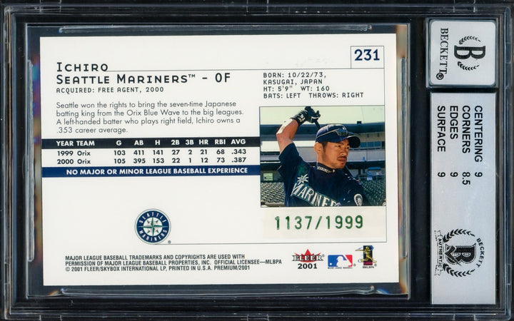 Ichiro Suzuki Signed 2001 Fleer Premium RC 231 BGS 9 Sig 10 #1137/1999 Beckett