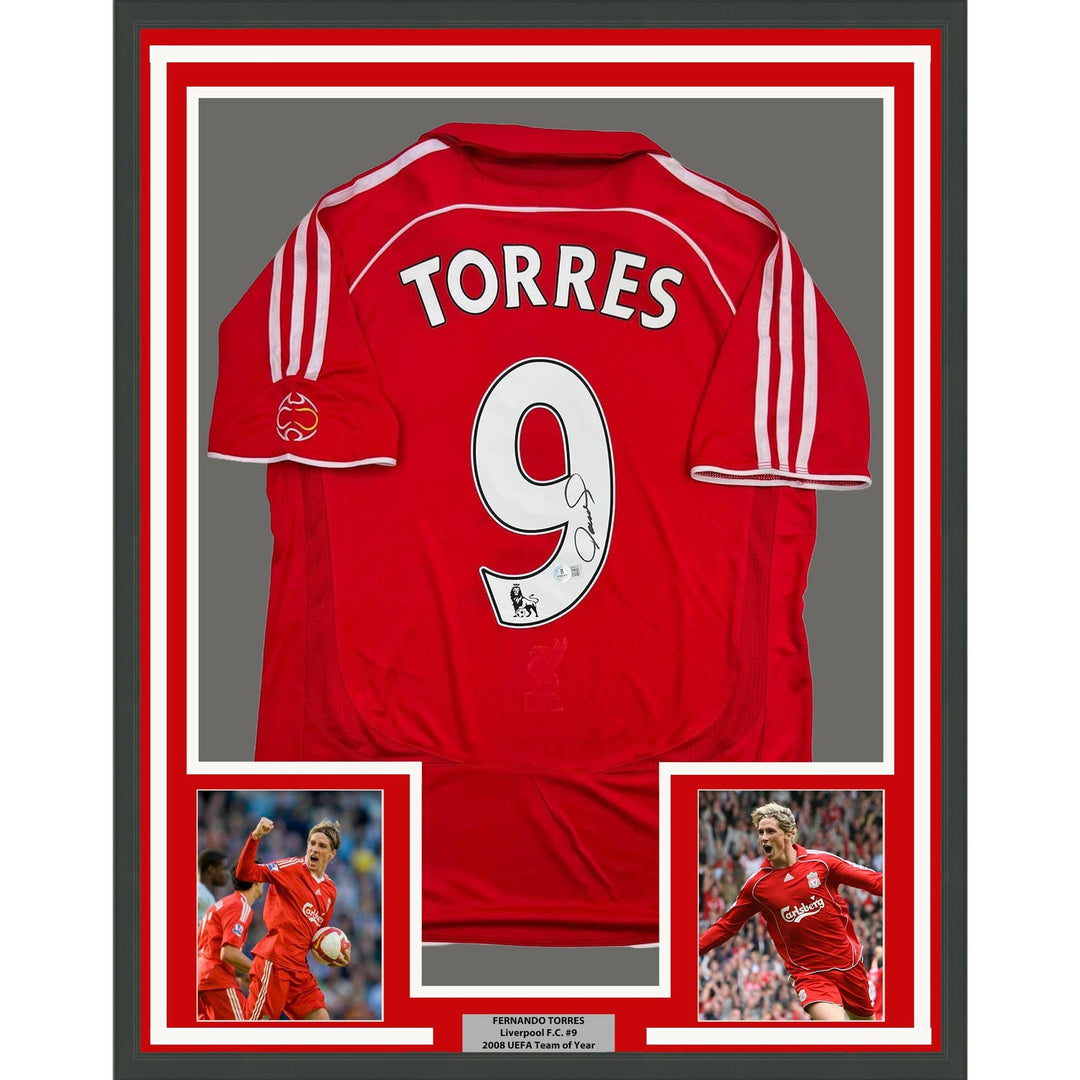 Framed Signed Fernando Torres 35x39 Liverpool Red Jersey Beckett COA