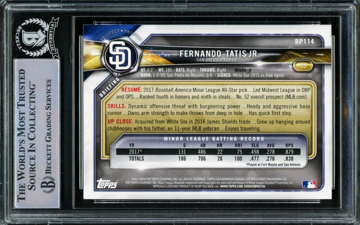 Fernando Tatis Jr. Signed 2018 Bowman Prospects Card BP114 Padres Beckett